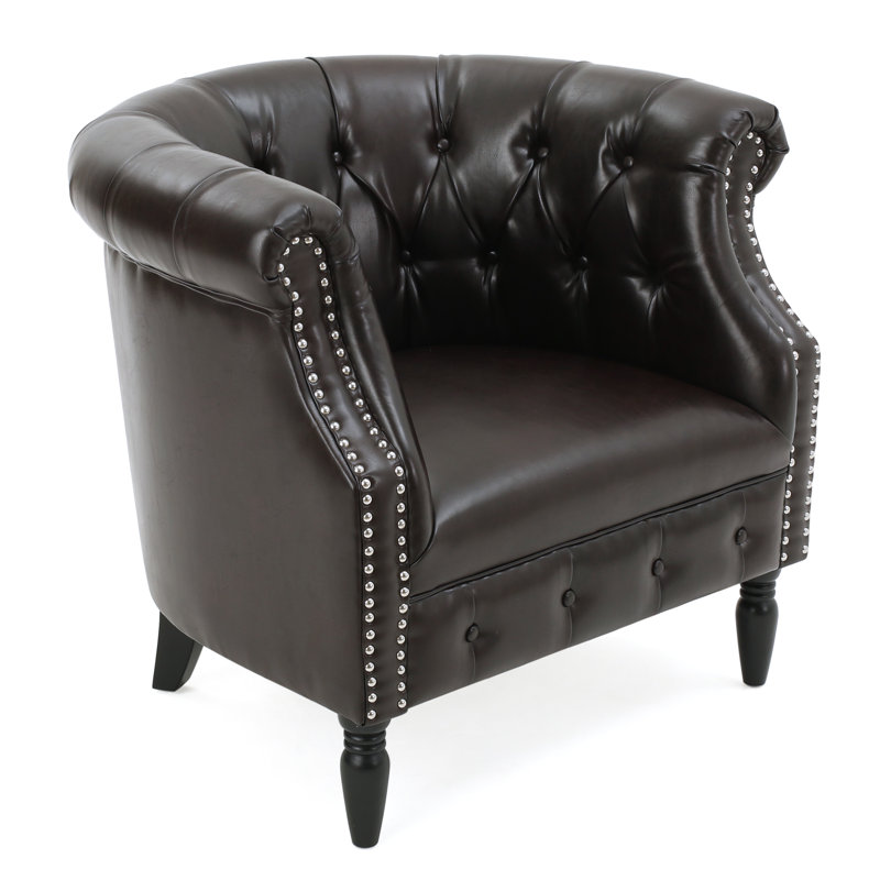 Valli Upholstered Barrel Chair, Dark Brown Faux Leather