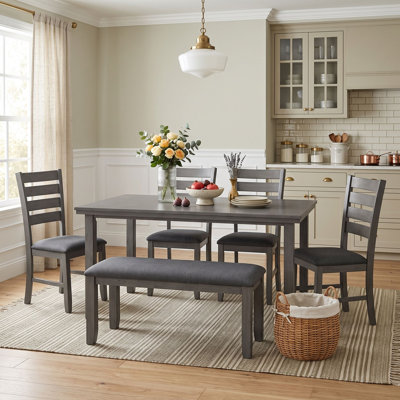6-Piece Rustic Dining Table Set with Table, Four Upholstered Ladder-Back Chairs and Bench for Dining Room