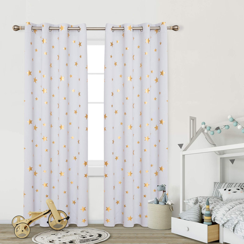 Gold Star Foil Print Room Darkening Thermal Insulated Grommet Curtain Panels (Set Of 2), Grayish White, 52" W x 72" L