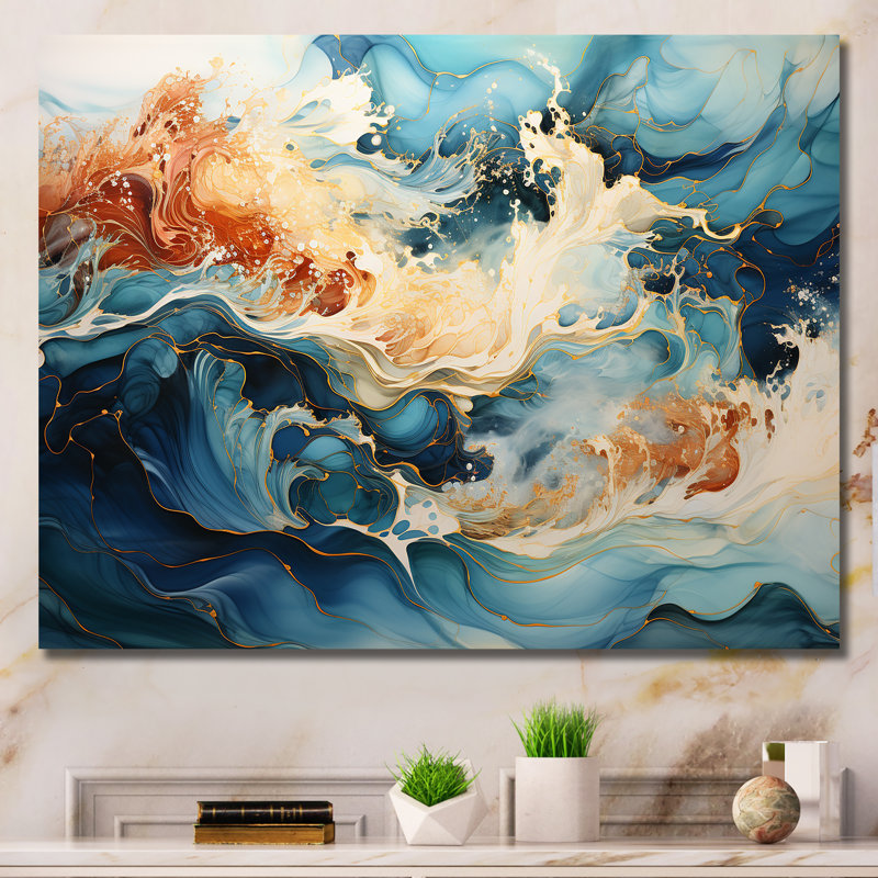 Liquide bleu et or tempête océanique I sur toile, Toile tendue, H 16 po x l 32 po x P 1 po