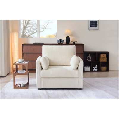 Corduroy Accent Chair with Side Storage Pockets, Modern Upholstered Single Sofa Armchair with 2 Pillows, Comfy Oversized Reading Chair for Living Room, Bedroom, Apartment