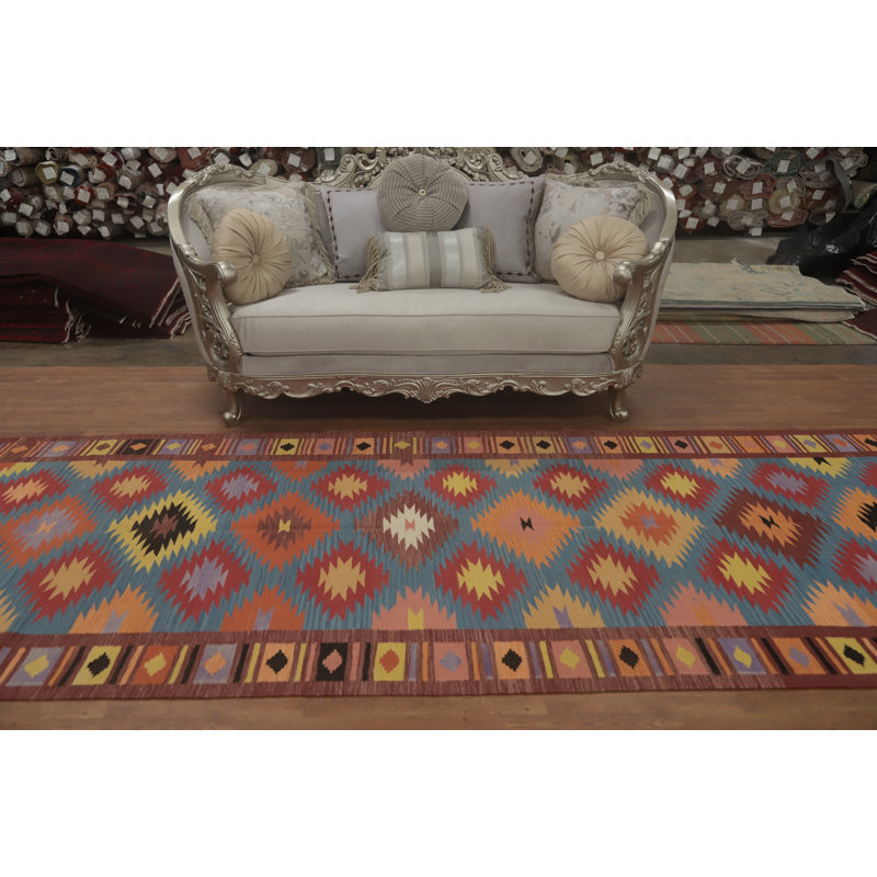 Tapis bleu Kilim à motif géométrique oriental 5 x 16