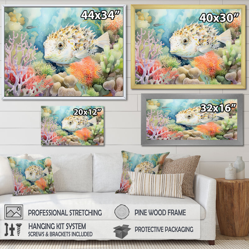 " Pufferfish Guardian Of The Coral I ", Natural Floater Framed, 12" H x 20" W x 1" D
