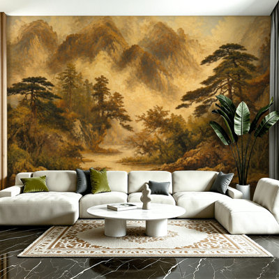 Peel and Stick Wallpaper 100" L x 144" W Modern Self Adhesive Wall Mural for Bedroom - With Misty Mountain Landscape Pine Trees River Warm Tones Print