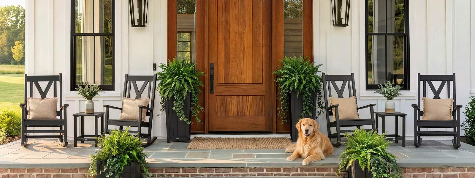 White farmhouse-style covered porch furnished with black POLYWOOD rocking chairs and side tables, potted ferns, and a golden retriever lying by the wooden front door
