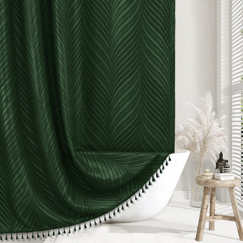 Rideau de douche Boho, tissu texturé à chevrons touffetés rayés, Vert foncé, H 72 po x l 72 po