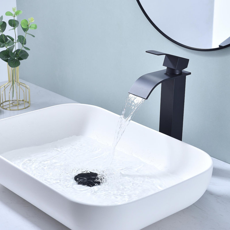 Waterfall Spout Bathroom Sink Single Handle Faucet with Pop-Up Drain (No Overflow), Matte Black