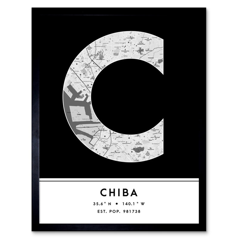 Chiba Japan City Map Black & White - Single Picture Frame Typography