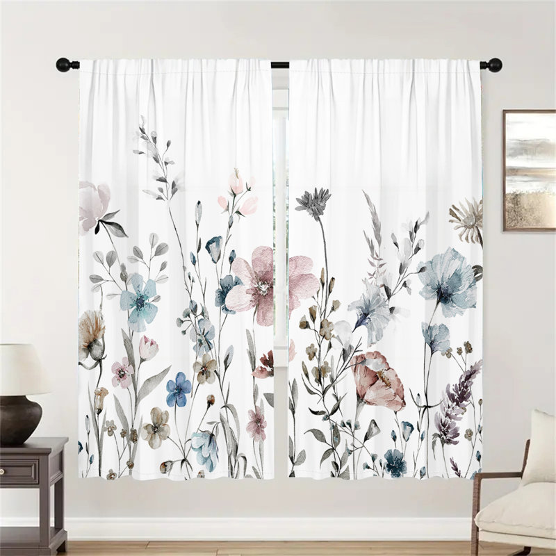 2Pcs Watercolor Floral Printed Curtains Semi Sheer Botanical White Curtain Rod Pocket Window Treatment Elegant Pastel Blue Pink Flower Pattern Vintage for Living Room Bedroom Dining Kitchen Office Home Decor