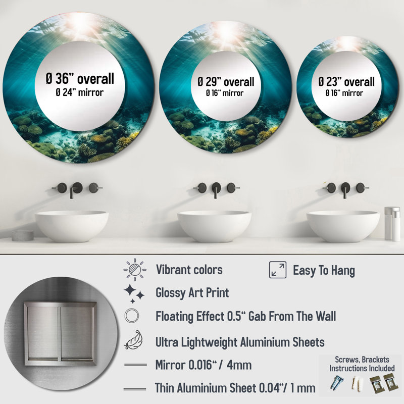 Underwater Coral IV - Coastal Large Wall Mirror, Coastal Round Decorative Mirror, Printed Metal Art, 29" x 29"
