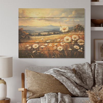 Magnifique champ de fleurs chaudes - Art mural en bois sur bois de pin naturel