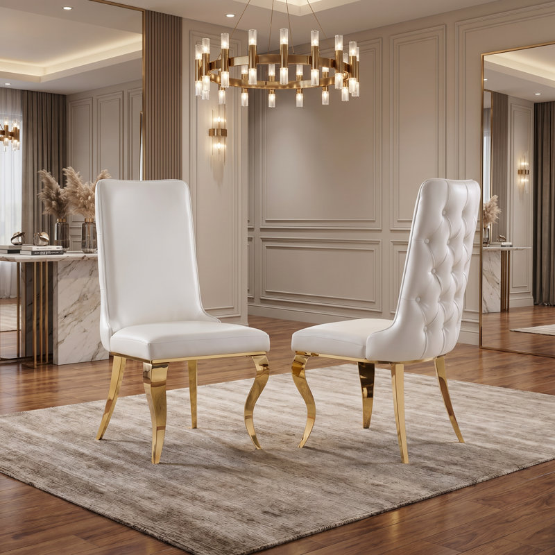 Chaises de salle à manger rembourrées en similicuir blanc avec pieds en métal doré
