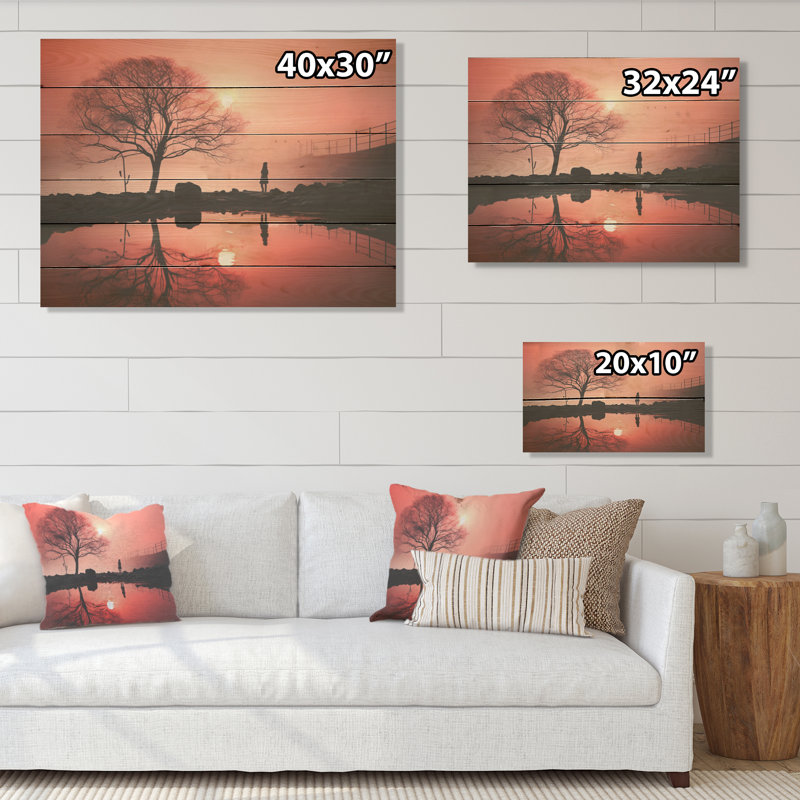 Silent Raspberry Tree Reverie Landscape - Tree Wood Wall Art On Natural Pine Wood, 10" H x 20" W