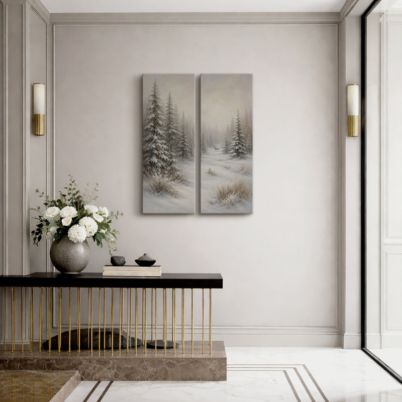 «Snowy Evergreen Forest Landscape with Deer and Misty Winter Scenery», art mural pour salon, chambre à coucher, chalet, bureau, entrée, couloir - ensemble de 2 reproductions d'art encadrées sur toile 32 po x 12 po x 2