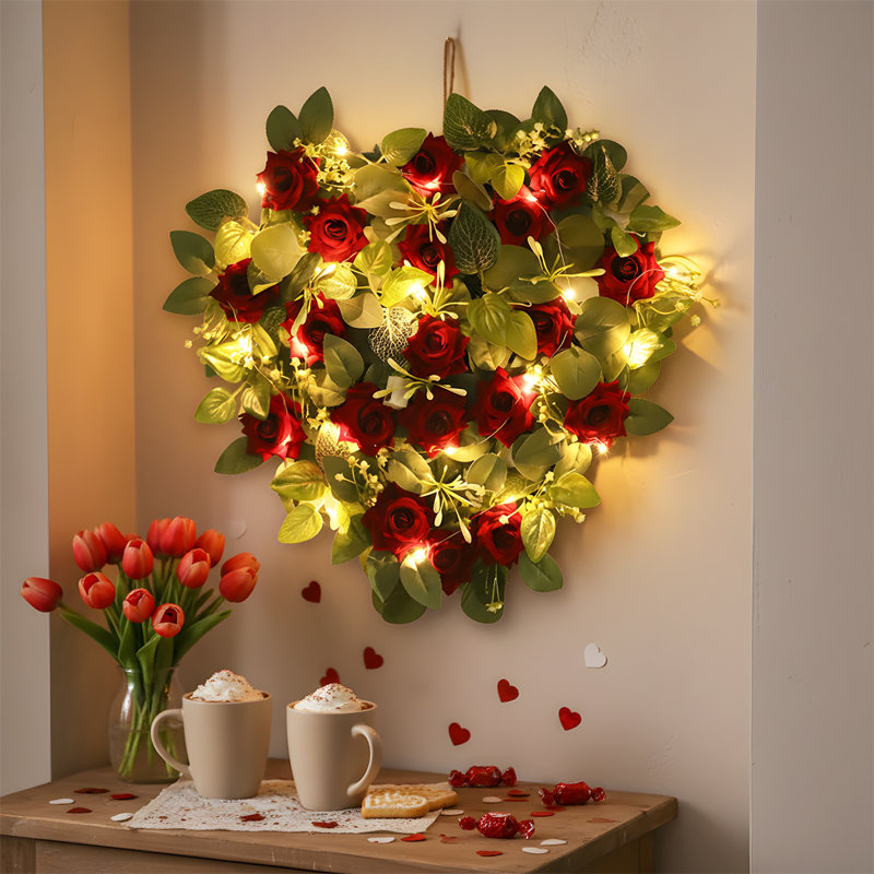 Rose artificielle en forme de cœur avec couronnes de lumière DEL