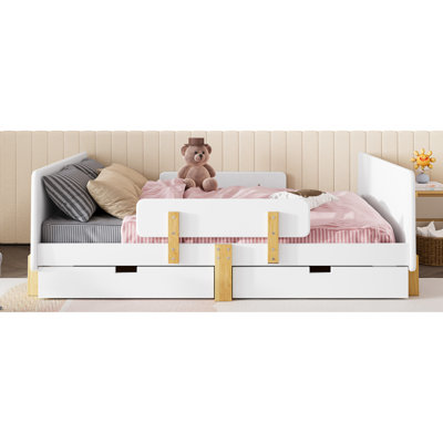Full Size Platform Bed With Storage Drawers, Solid Wood Beds Frame With Bed Guardrail, Small Shelf, And Hooks, No Box Spring Needed, White