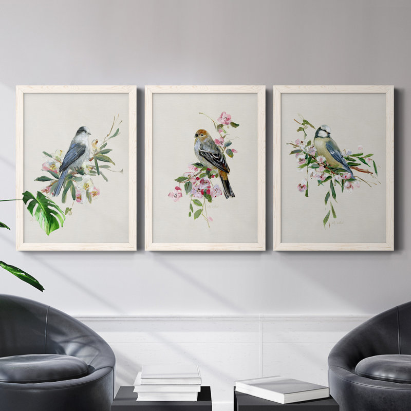 «Spring Song Blue Bird», ensemble de 3 impressions sur toile encadrées, Blanc, H 24 po x l 54 po x P 1,5 po