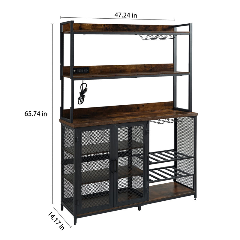 Industrial Black Metal and Wood Coffee Bar Cabinet with LED Strip