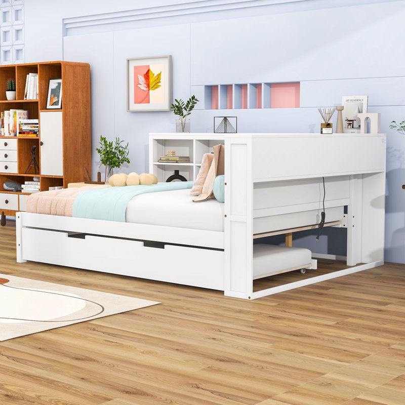 Wood Daybed with Twin Trundle, Storage Shelf, and USB Charging Ports, Full/Double, White