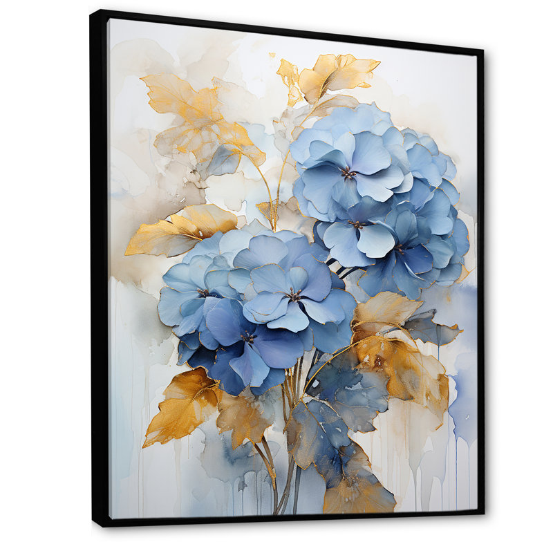 Bouquet d'éclat bleu et doré minimalisme, Cadre flottant noir, H 40 po x l 30 po x P 1,5 po