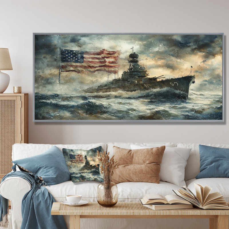 Drapeau américain sur le jour J, Invasion de la Seconde Guerre mondiale - art mural mode, H 28 po x l 60 po, Floater Framed