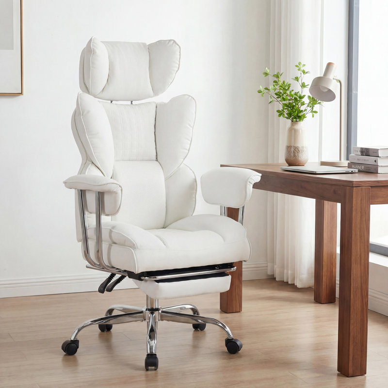 Ergonomic Executive Chair with Headrest, Padded Armrest and Footrest, White