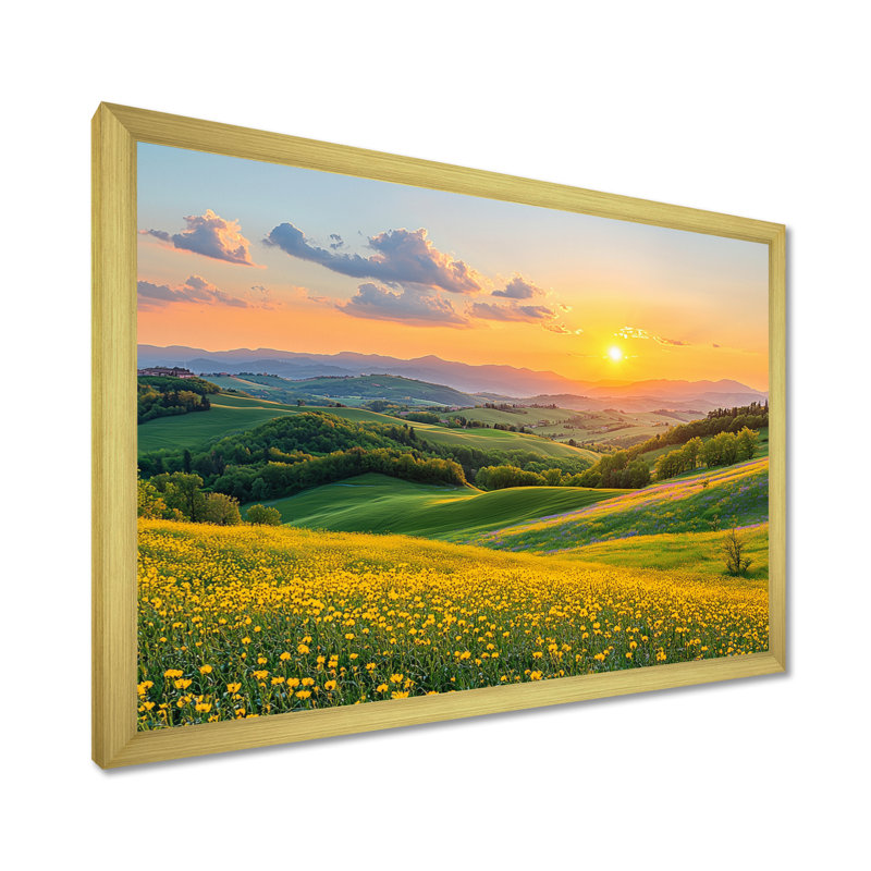 «Countryside Rolling Hills At Golden Hour I», impression sur toile encadrée, H 34 po x l 44 po, Cadre simple, Doré