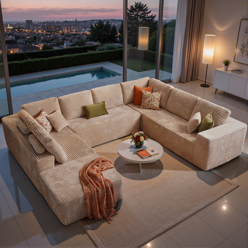 Koyu Compression Packed 5-Piece Cloudelle Plush Corduroy Fabric Cloud Sectional With U-Shape Chaise,Modern Modular Sofa With Deep Seat, Upholstered Boneless Couch For Living Room Bedroom,No Assembly Required