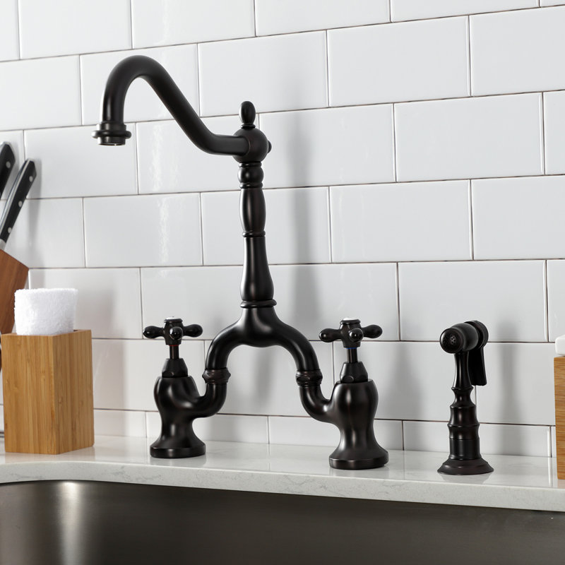 Kingston Brass English Country Two-Handle 3-Hole Deck Mount Bridge Kitchen Faucet with Brass Side Sprayer, Oil Rubbed Bronze