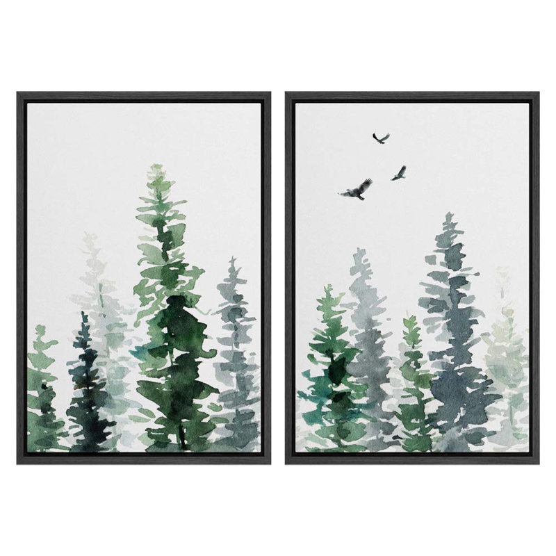 «Watercolor Green Forest And Birds Nature», 2 pièces, Noir, H 36 po x l 24 po
