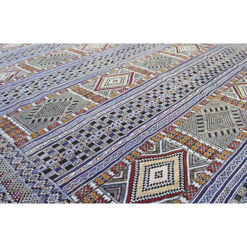 Tapis unique bleu, blanc et orange de 8 pi 6 po x 12 pi années 1990