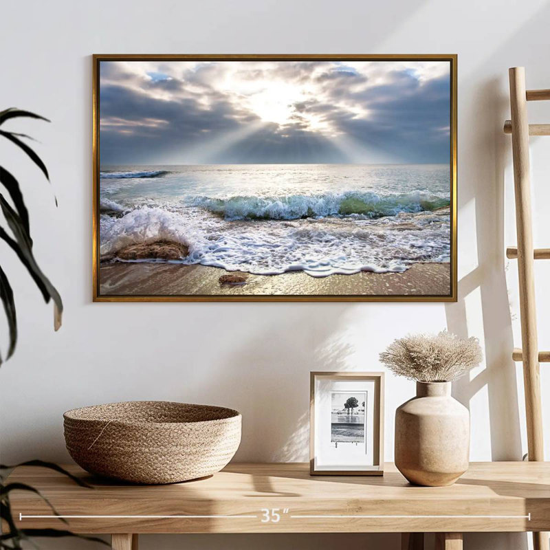 Océan au lever du soleil, Cadre flottant doré, 25 po x 17 po