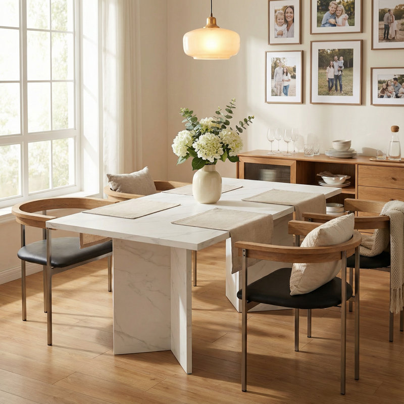 Modern White Faux Marble Rectangular Extendable Dining Table, Wooden Base for 6 to 10 People, Large Kitchen and Conference Table