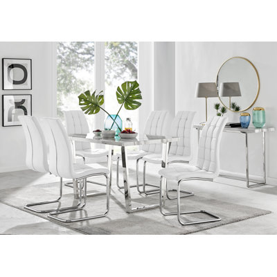 Edzard Stylish Chrome and Marble Effect Dining Table Set with 6 Luxury Faux Leather Dining Chairs