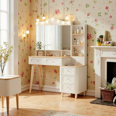 Modern Makeup Vanity Desk With Tri-Fold Mirror Integrated LED Lighting & USB Charging Hidden Storage & Drawers White Oak Finish by Latitude Run