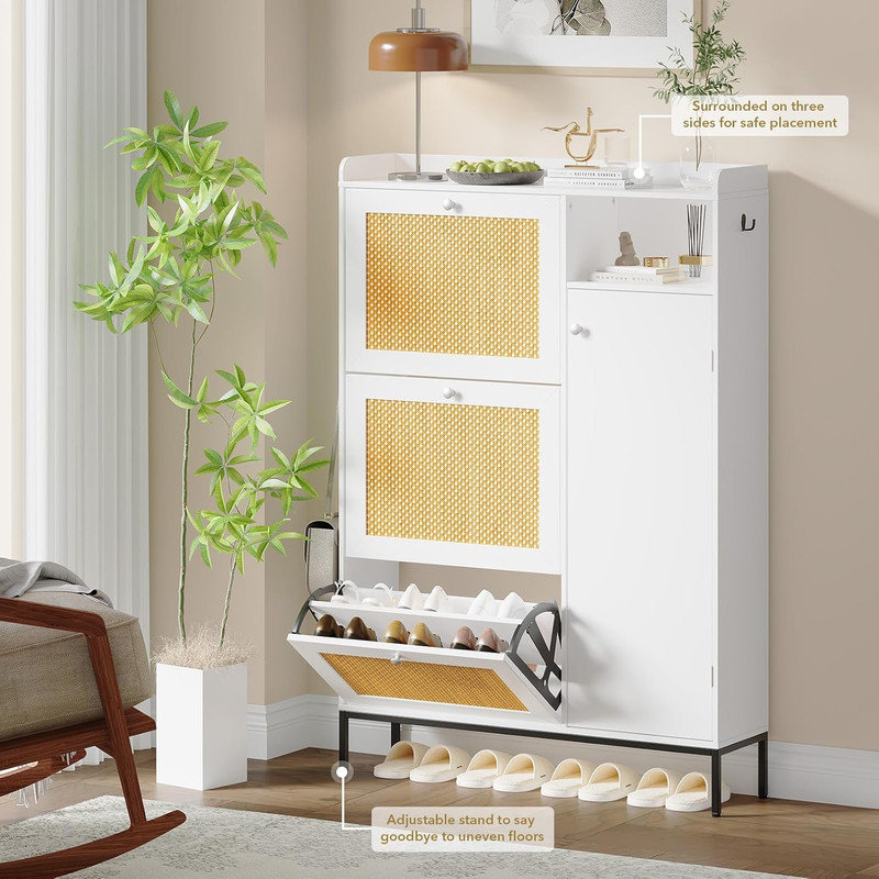 Rattan Wooden Shoe Cabinet with 3 Flip Drawers & Adjustable Shelves, Slim Entryway Organizer with Metal Knobs, Boho Style