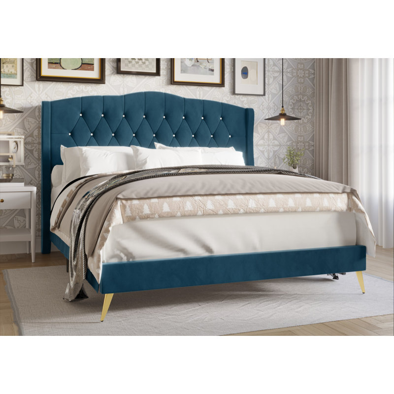 Dwaylon Upholstered Wingback Bed, Full/Double, Navy Blue