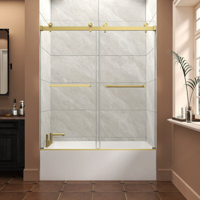 55 po x 60 po x H 60 po, installation réversible en or brossé, porte de douche coulissante double à installation simple, baignoire sans cadre, verre trempé 5/16 po (8 mm) avec film antidéflagrant Nano
