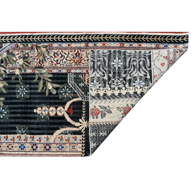 High-Quality Hand-Knotted Black And Multi Area Rug, Rectangle 9' x 12'