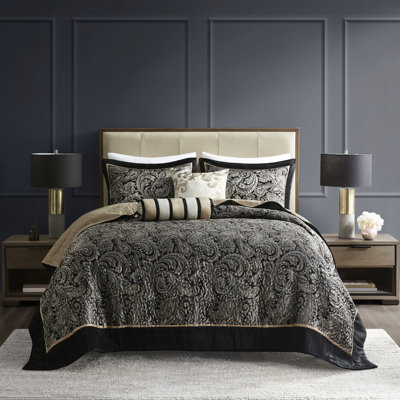 Couvre-lit noir 5 pièces pour grand lit avec motif cachemire