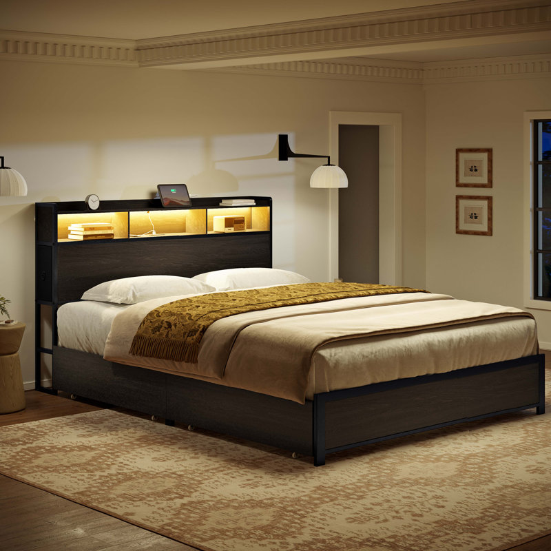 Antioch Bed Frame with 2 Underbed Drawers & 2 Bedside Drawers, Modern Bed with Charging Station & LED Light