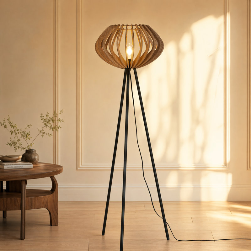 Lampe trépied Nordic avec abat-jour en lattes de bois