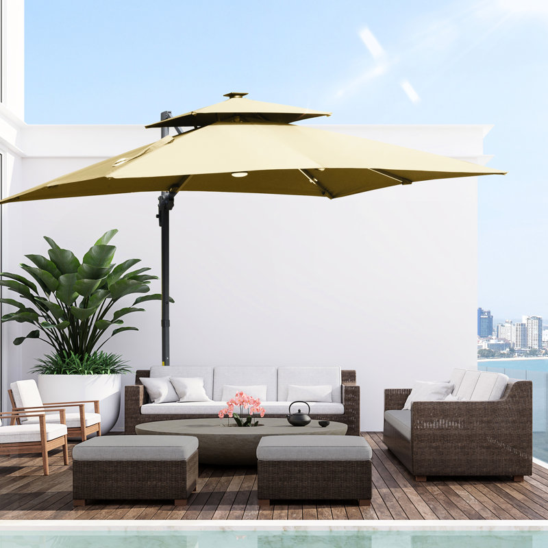Parasol solaire à DEL et banc d'alimentation, 10 pi, rotation 360 °, inclinaison, kaki