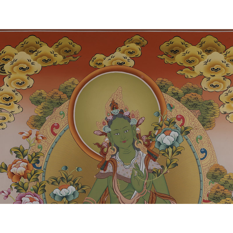 Art mural déesse bouddhiste verte Tara - peinture de Thangka tibétaine faite à la main avec détails en or 24 carats, grande décoration de méditation spirituelle H 40 po x l 30 po