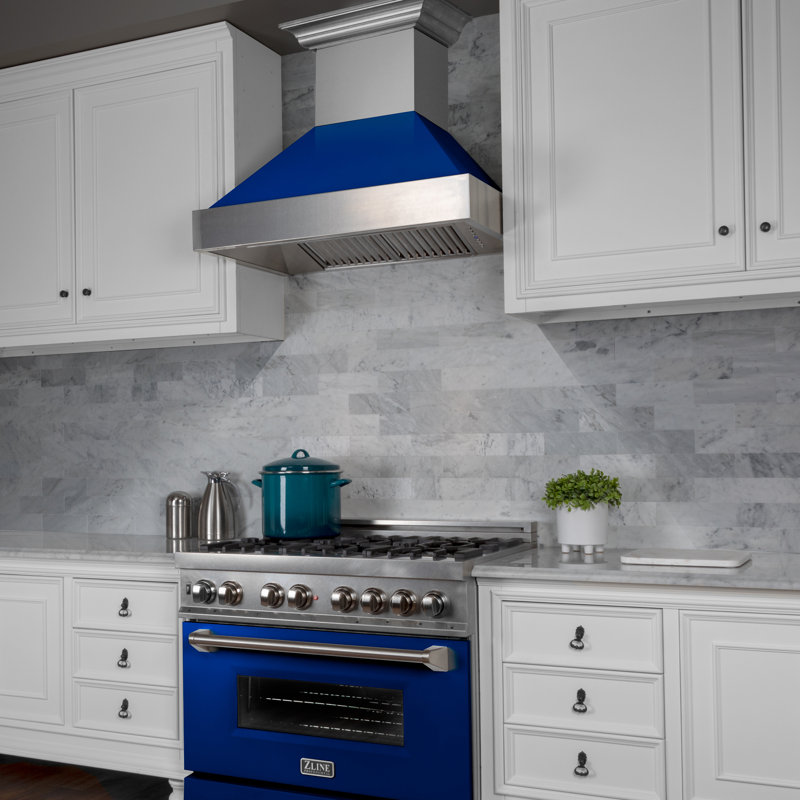 Hotte murale en acier inoxydable satiné à conduit 36 po ZLINE, Bleu brillant