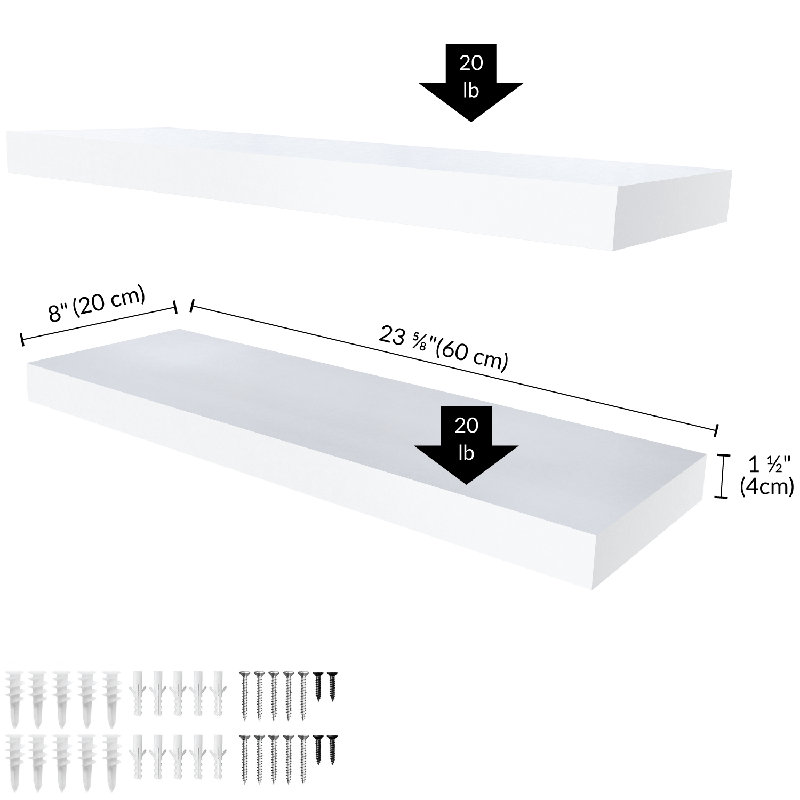 Miami 24" W x 8" D Floating Shelves Set with Invisible Wall Mount Brackets, White