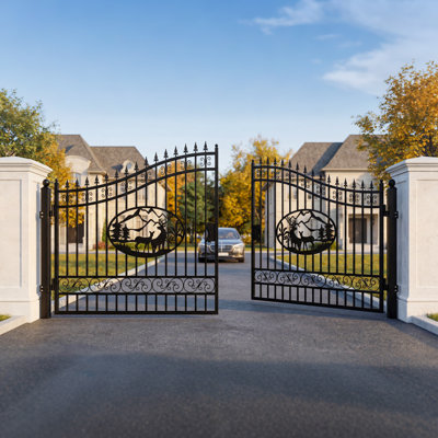 14FT Dual Swing Wrought Iron Driveway Gate - Deer Design, Include Post