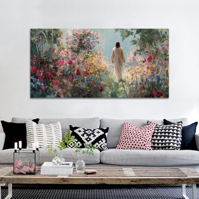 GUTTATY Jesus Spring Pictures Canvas Wall Decor, Jesus Painting Floral Artwork, Religious Christian Poster, Nature Flower Landscape Prints for Living Room and Bedroom 30" × 60"