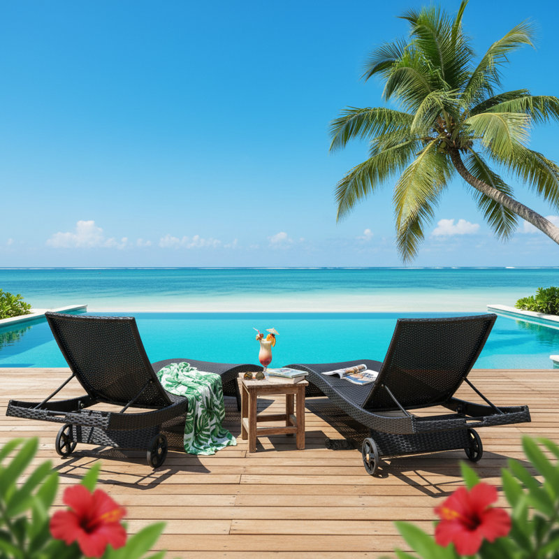 80 Inch Patio Wicker Chaise Lounge Chairs Set with Adjustable Backrest and Pull-out Side Table for Poolside, Black, Black