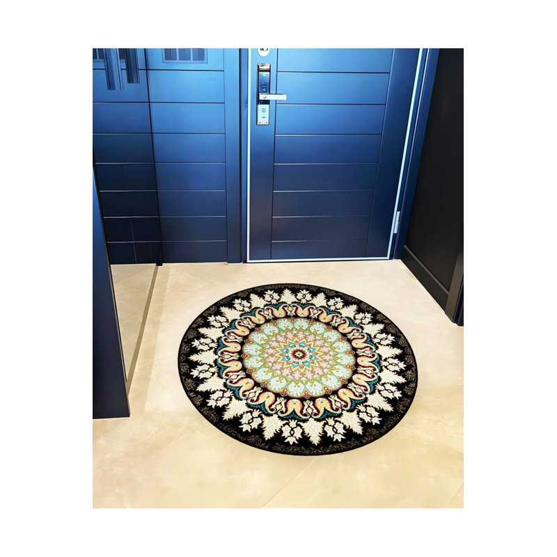 Black Green Antique Pattern Detailed Woven Base Modern Decorative Carpet, Round 2'8"